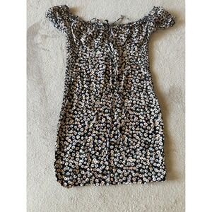 O. Vianca Women's Small Floral Mini Dress Smocked Off Shoulder Cottagecore Black